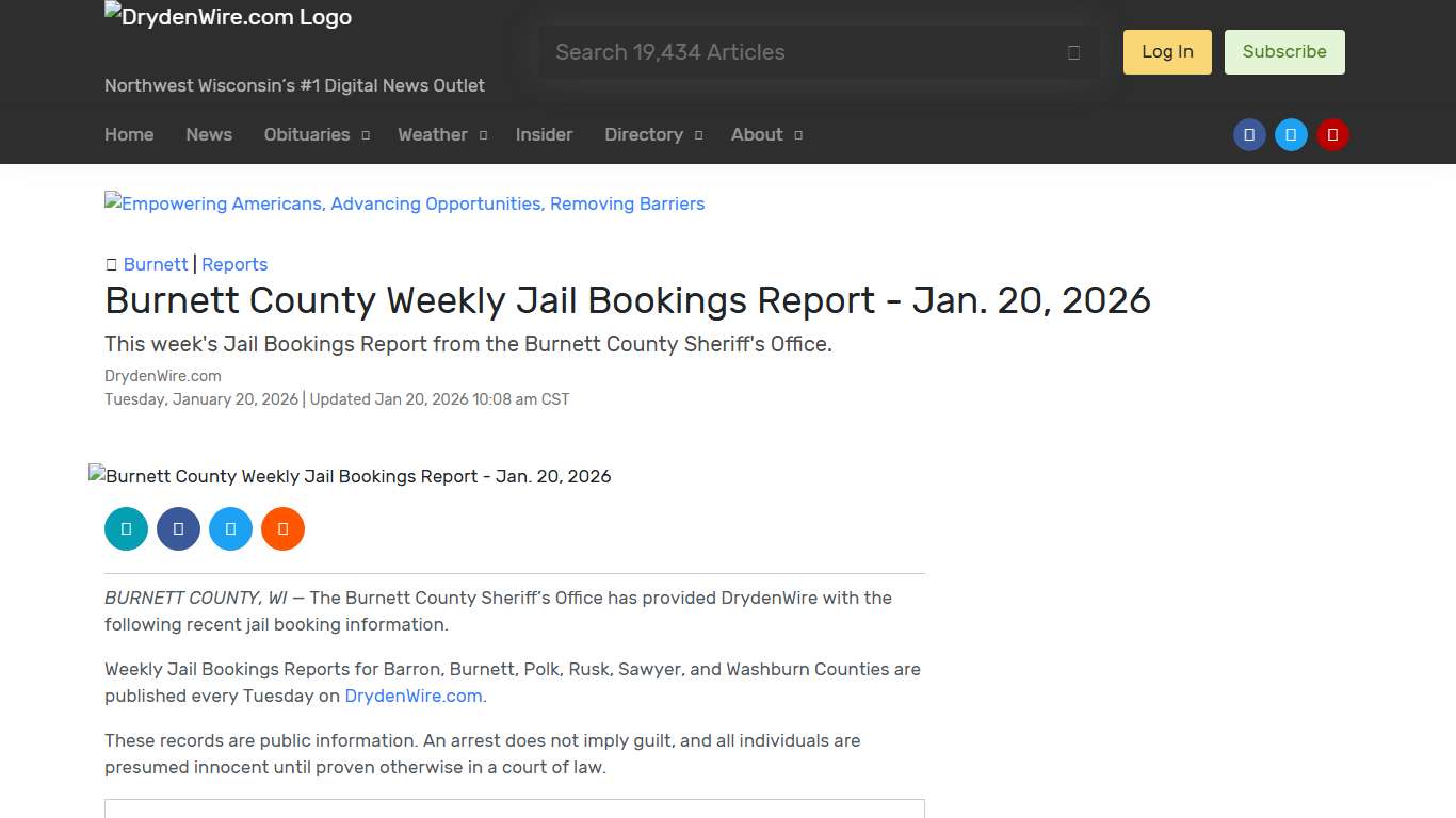 Burnett County Weekly Jail Bookings Report - Jan. 20, 2026 | Recent News | DrydenWire.com